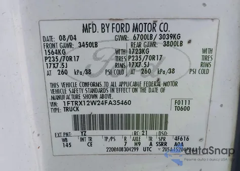 2004 Ford F-150 Stx/Xl/Xlt from USA, damaged, VIN 1FTRX12W24FA35460